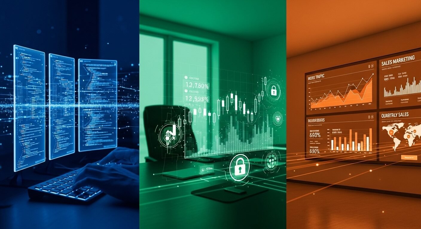 Hình ảnh tổng hợp các lĩnh vực công nghệ (mã hóa), tài chính (biểu đồ) và tiếp thị (dashboard) hiện đại. Phản ánh những năng lực cốt lõi trong Bản đồ Nhân tài 2026.