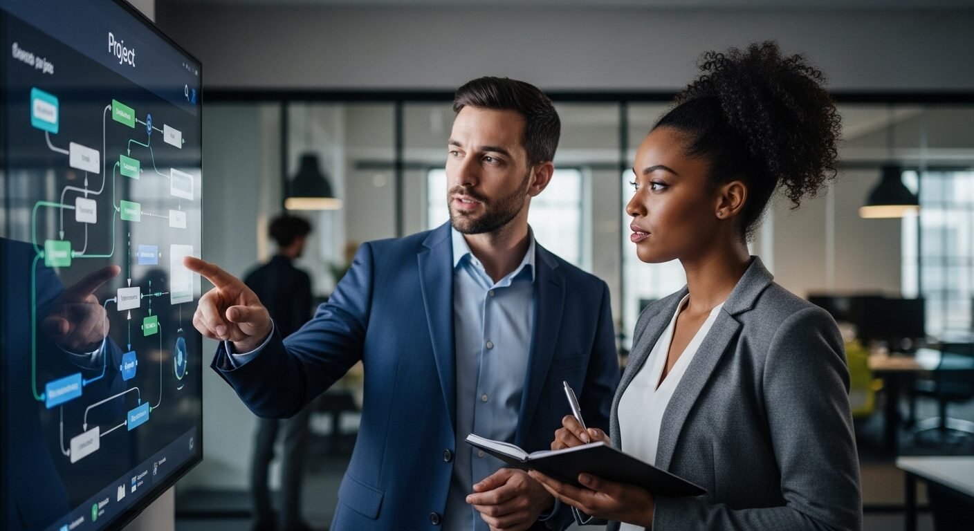 Hai chuyên gia thảo luận dự án phức tạp trên màn hình kỹ thuật số, nhấn mạnh giá trị đóng góp và cơ hội phát triển sự nghiệp – những yếu tố then chốt khi đàm phán lương bằng giá trị phi tài chính.