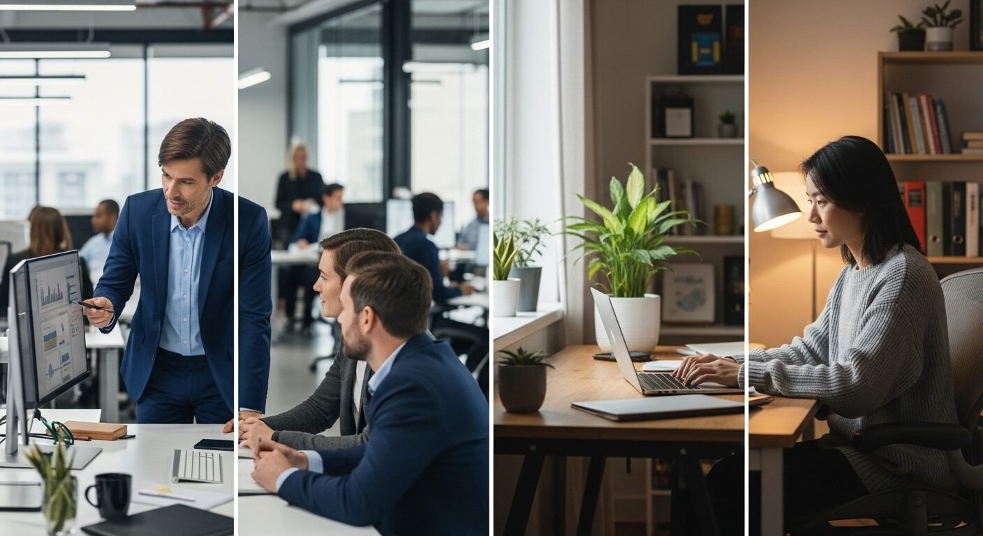 nhân viên cộng tác tại văn phòng và làm việc linh hoạt tại nhà, minh họa tầm quan trọng của nó trong chiến lược giữ chân nhân tài hiệu quả.