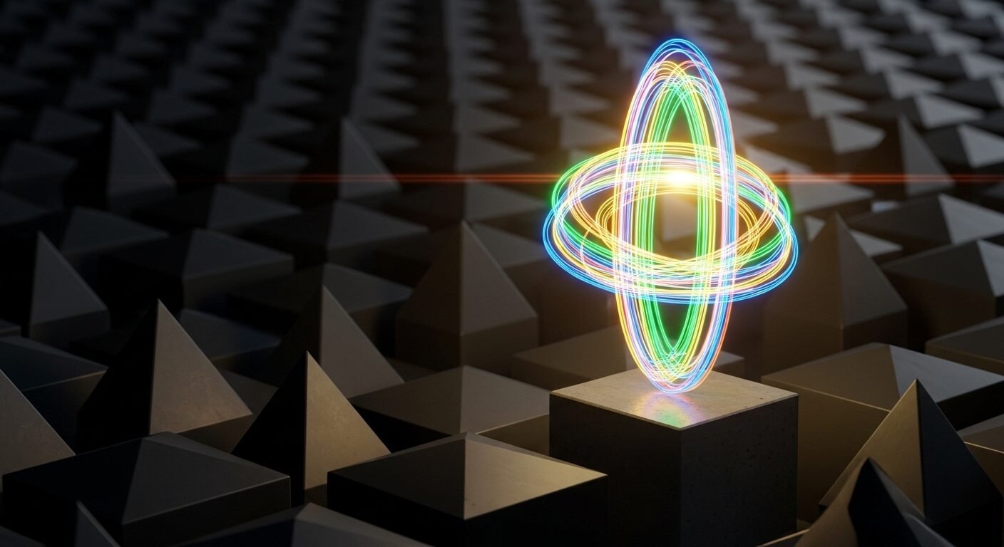 Tượng ánh sáng phát quang độc đáo trên bệ tối giản, nổi bật giữa các hình khối đồng nhất, biểu trưng cho ý tưởng đột phá và kỹ năng con người sáng tạo, nguyên bản.