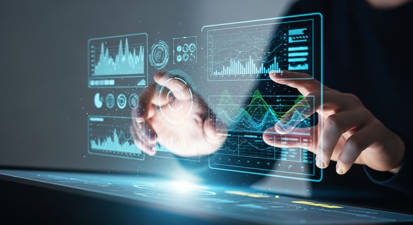 Cận cảnh đôi tay đang tương tác với bảng điều khiển holographic phát sáng, hiển thị trực quan dữ liệu phức tạp để quản lý AI trong công việc một cách chiến lược. Cận cảnh đôi tay đang tương tác với bảng điều khiển holographic phát sáng, hiển thị trực quan dữ liệu phức tạp để quản lý AI trong công việc một cách chiến lược.