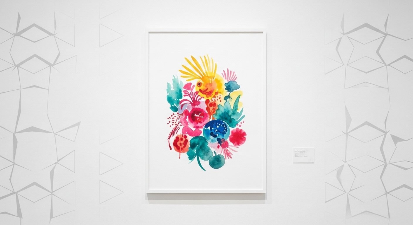 Tranh màu nước rực rỡ, họa tiết hữu cơ trên tường trắng, tương phản với nền hình học kỹ thuật số. Minh họa sự cân bằng công nghệ và con người.