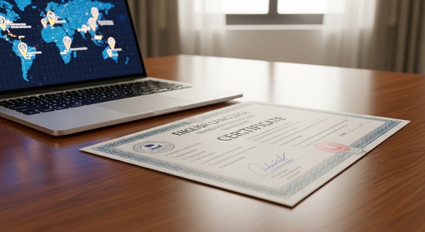 Hồ sơ tuyển sinh đại học quốc tế với chứng chỉ tiếng Anh và bản đồ trường học trên laptop.