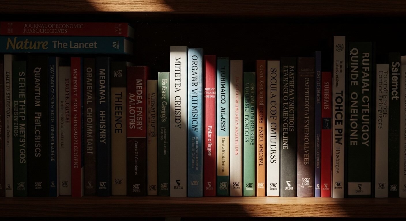 Kệ sách gỗ chất đầy giáo trình và tạp chí học thuật đa dạng, nguồn tài liệu quý giá trong môi trường học thuật, giúp giải đáp mọi thắc mắc từ các môn học chuyên ngành đến dự thính là gì.