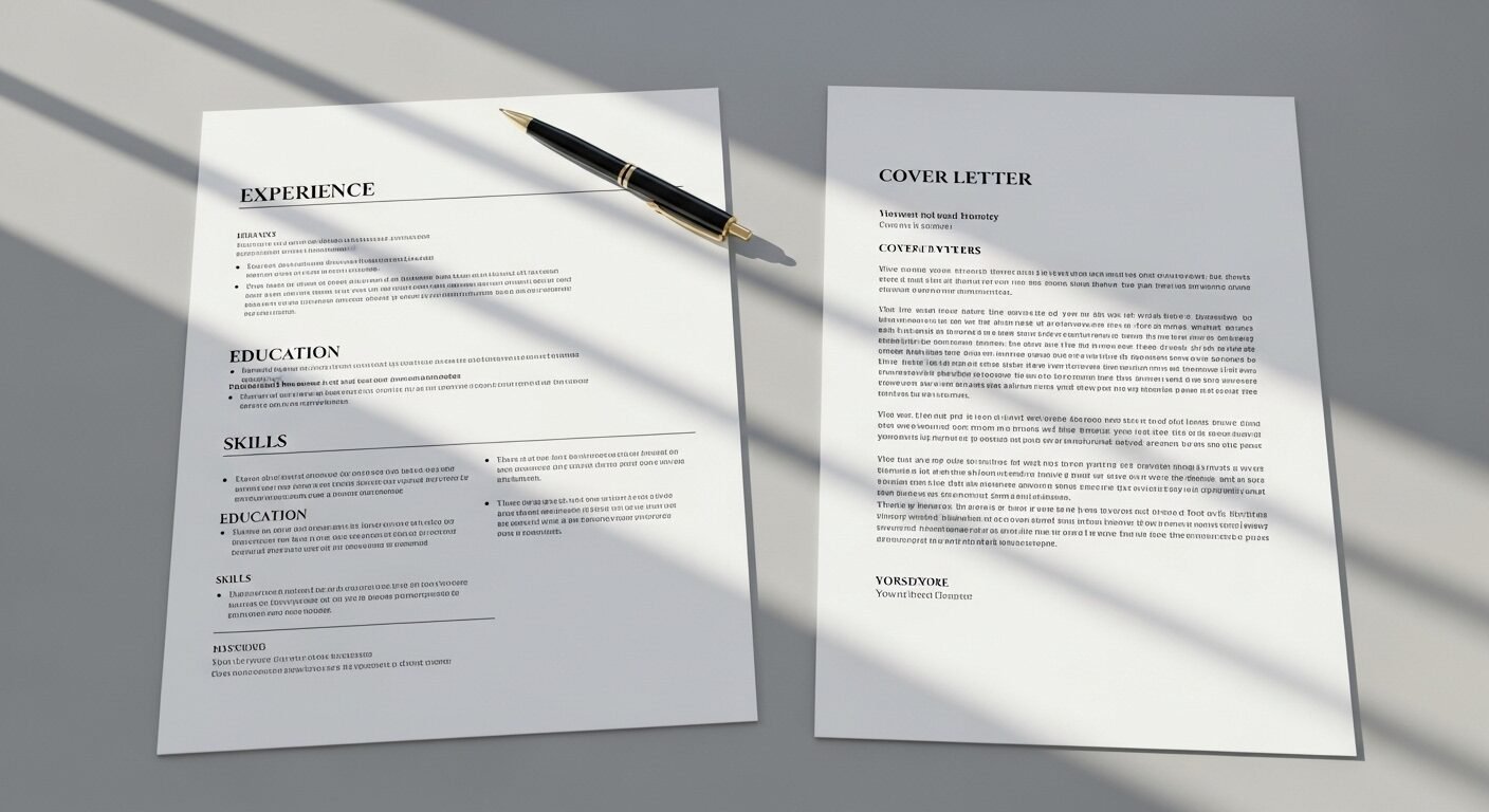 Ảnh chụp từ trên xuống một CV và một thư xin việc (cover letter) đặt cạnh nhau trên bàn làm việc, minh họa rõ ràng cover letter là gì trong bộ hồ sơ xin việc.