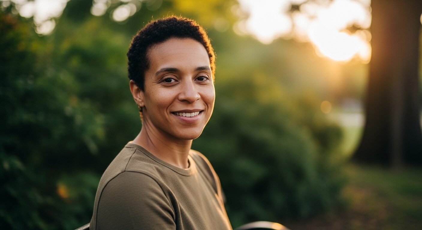 Chân dung một người làm tự do vẻ ngoài đa dạng, khoảng 30 tuổi, cười ấm áp và mắt điềm tĩnh. Mặc áo dài tay tông đất, chụp tại công viên giờ vàng với phông nền cây xanh mờ. Chân dung một người làm tự do vẻ ngoài đa dạng, khoảng 30 tuổi, cười ấm áp và mắt điềm tĩnh. Mặc áo dài tay tông đất, chụp tại công viên giờ vàng với phông nền cây xanh mờ.