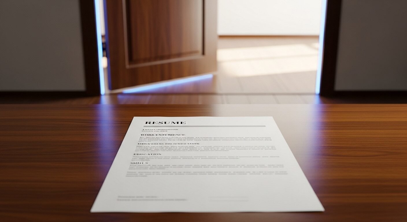 Tờ CV in rõ nét đặt trên bàn gỗ bóng loáng trong văn phòng chuyên nghiệp, với ánh sáng từ cửa hé mở tạo không gian lý tưởng để tham khảo cách viết kinh nghiệm làm việc trong CV ấn tượng.