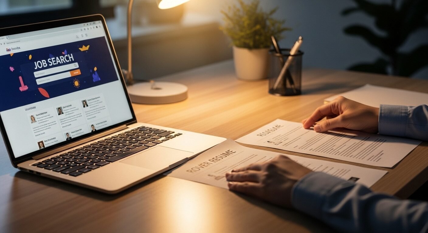 Đôi tay sắp xếp gọn gàng thư ứng tuyển và CV trên bàn làm việc, cạnh laptop hiển thị trang tìm việc.