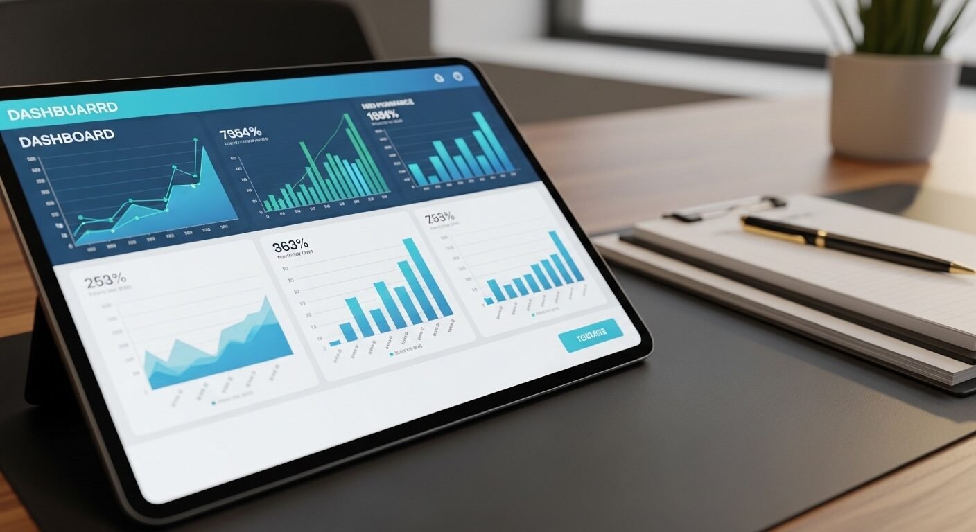 Màn hình máy tính bảng hiển thị bảng điều khiển kinh doanh với số liệu tăng trưởng tích cực, phản ánh hiệu quả từ một CV nhân viên kinh doanh chuyên nghiệp.