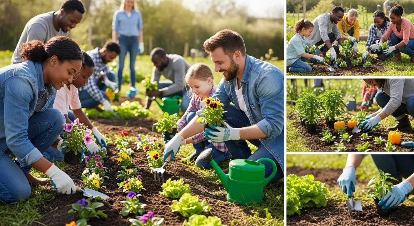 Nhóm người đa dạng hợp tác trồng hoa và rau dưới ánh nắng, tạo sự gắn kết và giúp đối phó với việc bị xã hội cô lập.
