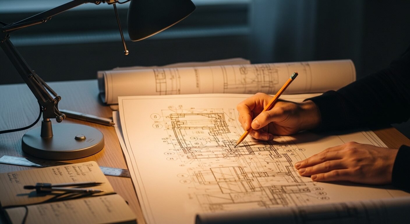 Bàn tay tập trung dò theo bản vẽ kỹ thuật dưới ánh đèn, thể hiện nỗ lực giải quyết vấn đề. Đây là cách hiểu rõ và khắc phục những sở đoản là gì trong lĩnh vực kỹ thuật.