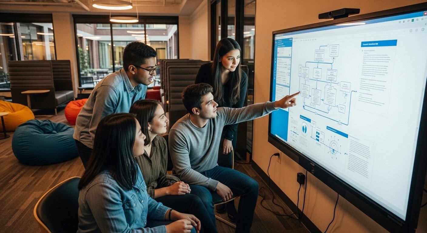 Nhóm sinh viên đại học hợp tác nghiên cứu tài liệu phức tạp trên màn hình tương tác hiện đại, tận dụng các nguồn như trang web tìm tài liệu học tập miễn phí.