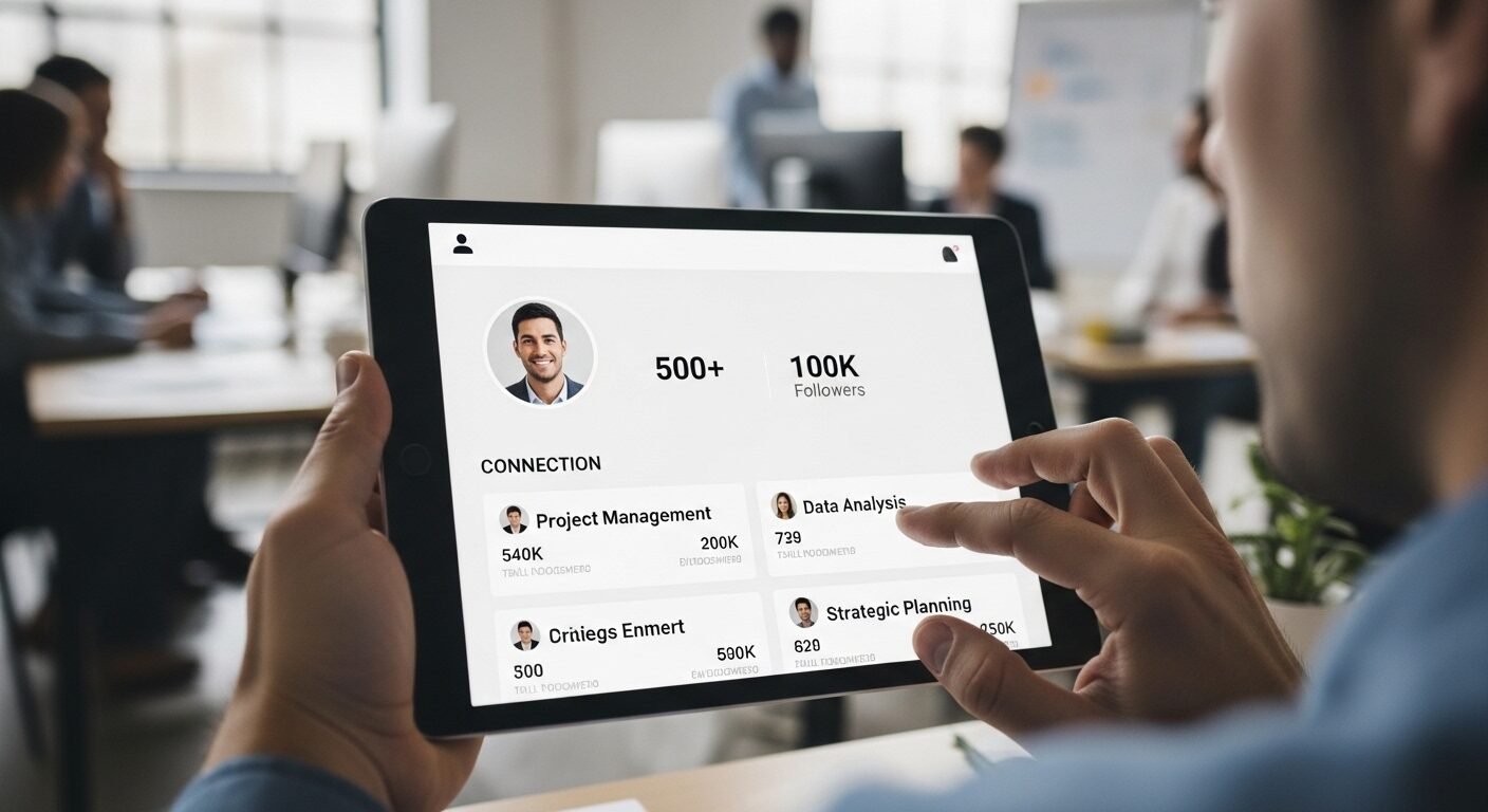 Hồ sơ xin việc online chuyên nghiệp trên máy tính bảng hiển thị ảnh đại diện và xác nhận kỹ năng. Hồ sơ xin việc online chuyên nghiệp trên máy tính bảng hiển thị ảnh đại diện và xác nhận kỹ năng.