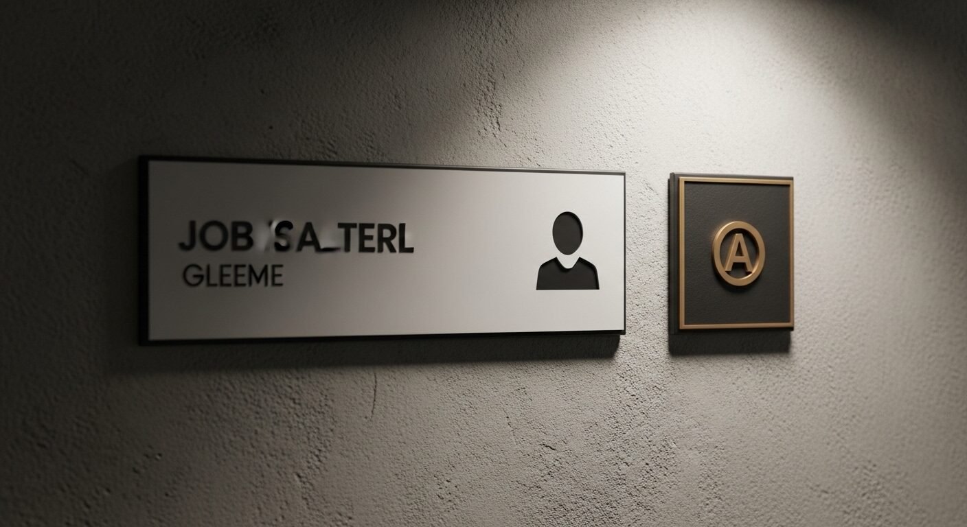 Hai biển hiệu tối giản trên tường so sánh sự khác biệt giữa chức danh công việc thông thường và Designation là gì qua các biểu tượng đặc trưng, minh họa rõ ràng khái niệm này.