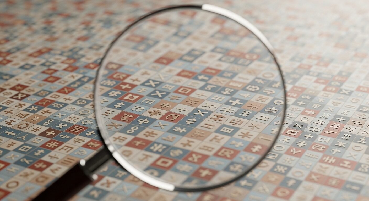 Kính lúp tập trung làm rõ các biểu tượng hình học đa dạng, tượng trưng cho việc sử dụng công cụ chọn nghề để phân tích chi tiết con đường sự nghiệp.