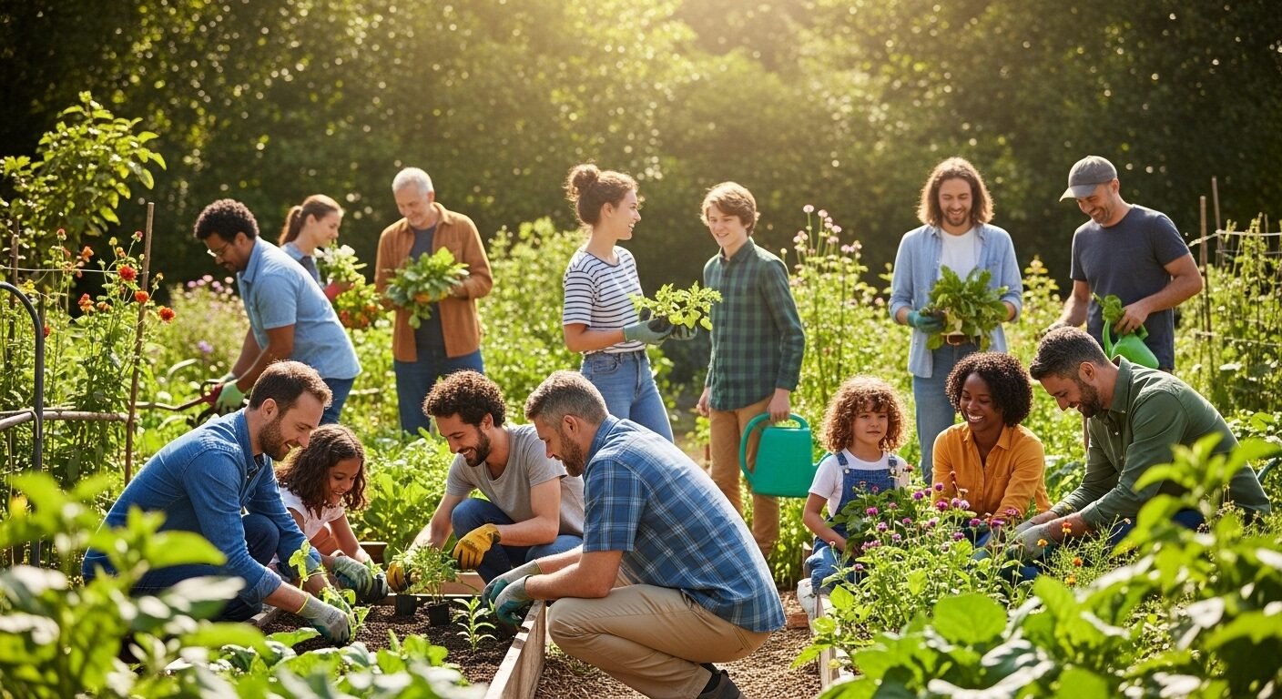 Nhóm người đa dạng cùng làm vườn cộng đồng, mỉm cười và tương tác tích cực dưới ánh nắng tự nhiên. Bức ảnh minh họa rõ ràng cách thể hiện sự đồng cảm thông qua sự hợp tác và giúp đỡ lẫn nhau.