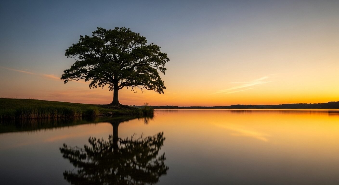 Phong cảnh thiên nhiên tĩnh lặng với hồ nước phản chiếu bầu trời và cây cổ thụ vững chãi trên bờ, tượng trưng cho giai đoạn phục hồi cần thiết để lấp đầy khoảng trống thất nghiệp và sẵn sàng cho những khởi đầu mới.