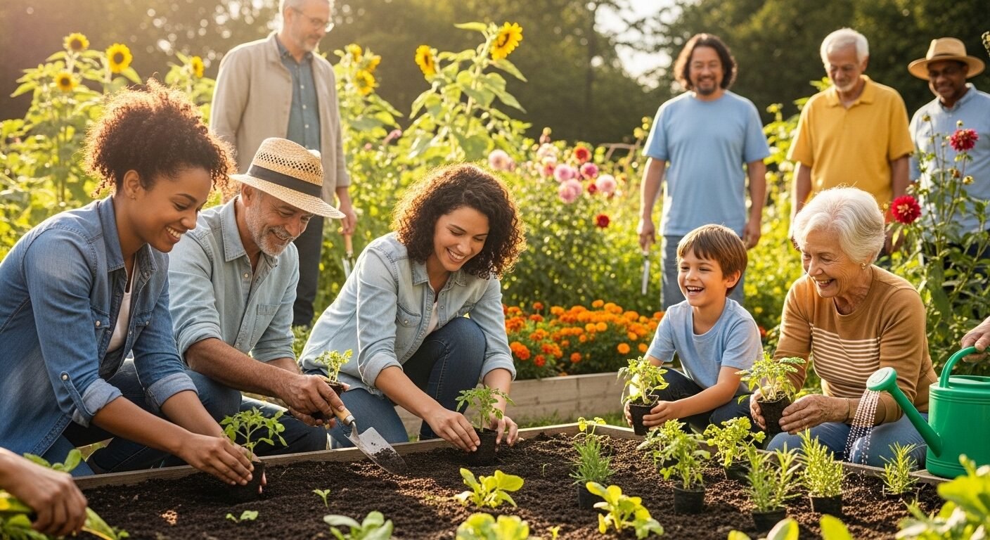 Nhóm người đa dạng mọi lứa tuổi và sắc tộc cùng nhau trồng cây, chia sẻ dụng cụ trong vườn cộng đồng rực nắng, minh họa cách thể hiện sự đồng cảm qua sự hợp tác và tương tác tích cực.