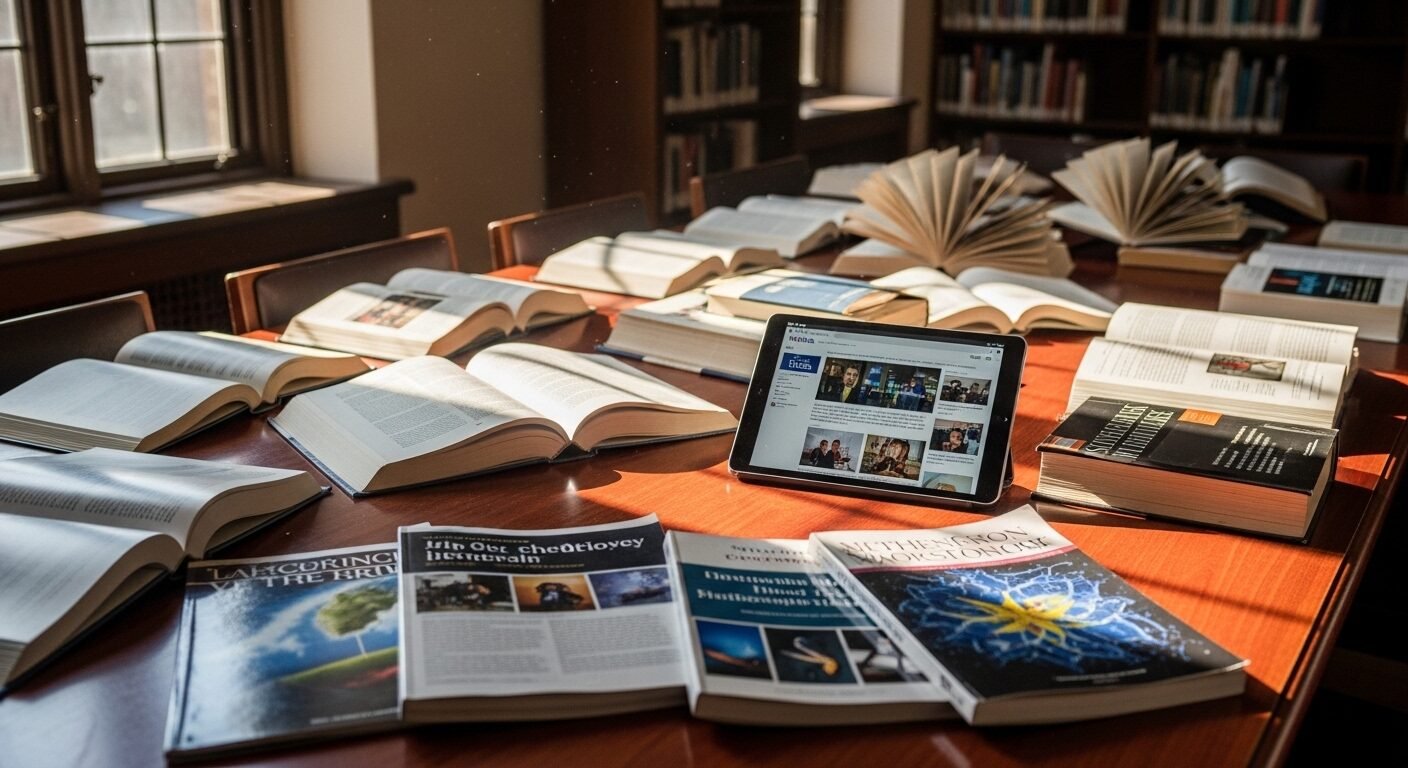 Bàn thư viện với sách, tạp chí và máy tính bảng dưới ánh nắng, thể hiện sự đa dạng tài liệu giúp tự học hiệu quả.