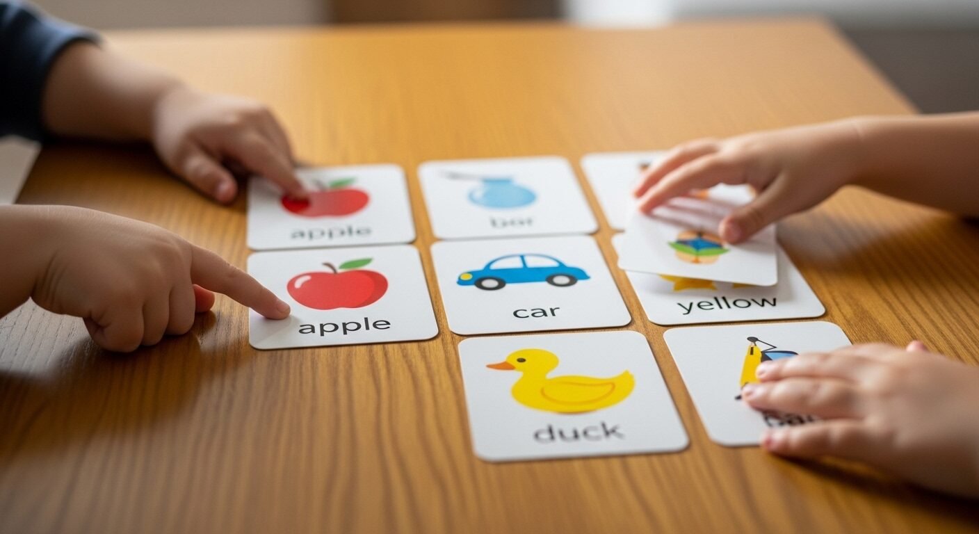 Tay trẻ em tương tác với thẻ flashcard giáo dục nhiều màu sắc trên bàn, hỗ trợ hiệu quả việc giúp con làm bài tập về nhà.