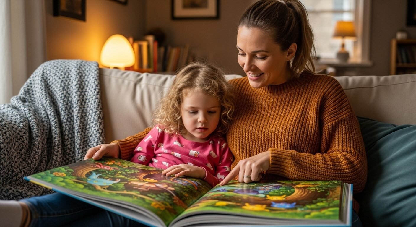 Cha mẹ và con say sưa đọc sách tranh trên ghế sofa ấm cúng, một phương pháp hiệu quả để dạy con học giỏi và yêu thích việc học.