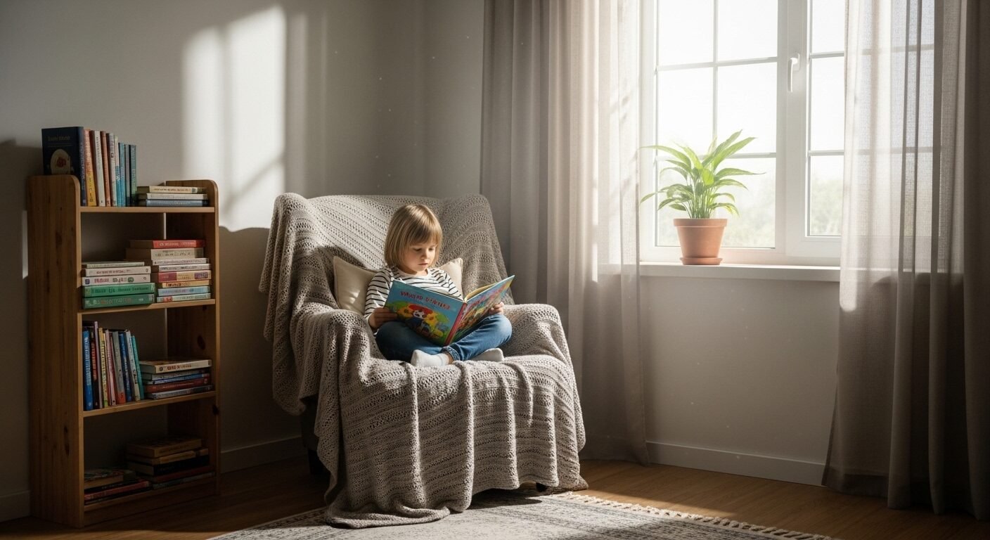Một em bé chăm chú đọc sách trong góc đọc sách ấm cúng, minh họa cách dạy con học giỏi tiểu học hiệu quả bằng việc nuôi dưỡng niềm yêu thích đọc sách.