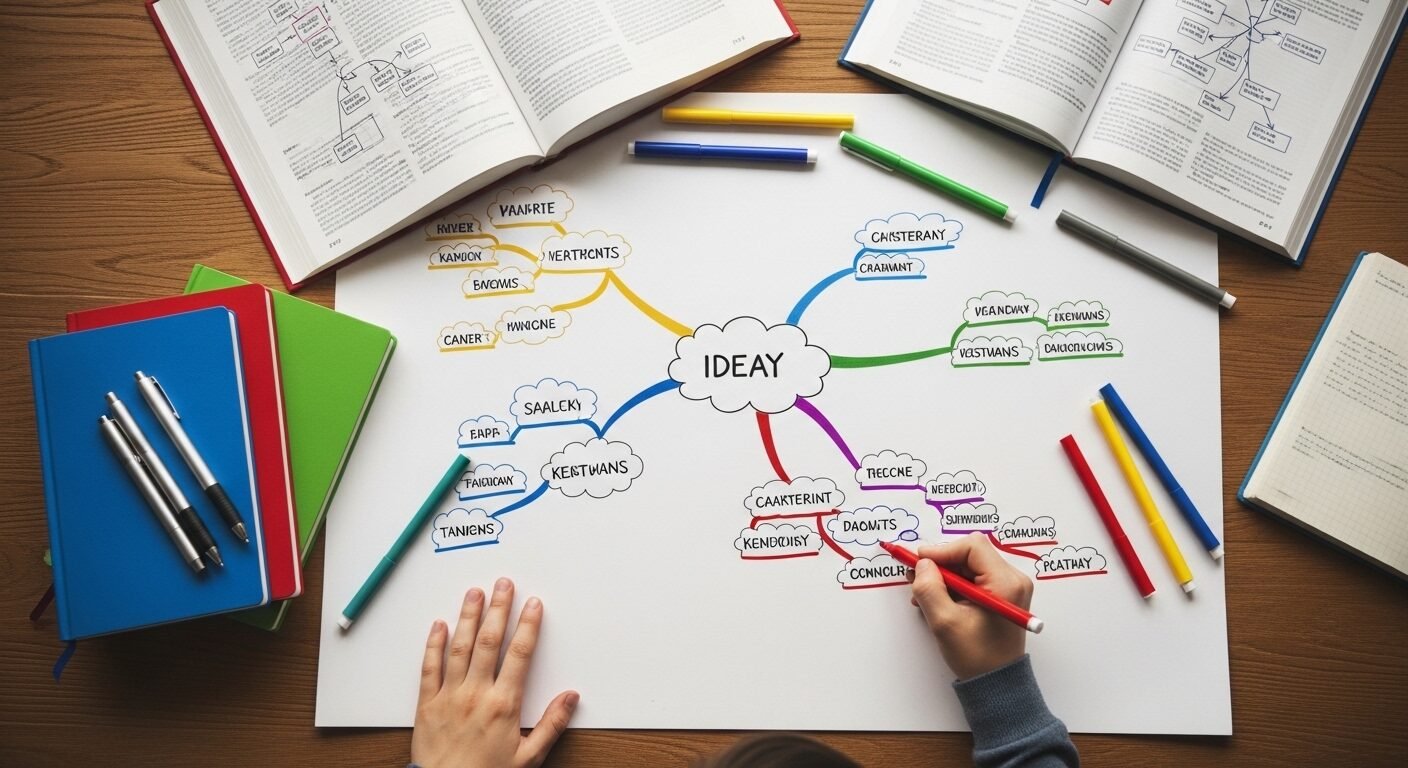 Sơ đồ tư duy đầy màu sắc đang được vẽ bằng tay trên bàn gỗ với sách vở, minh họa phương pháp học hiệu quả và bí quyết dạy con học giỏi.