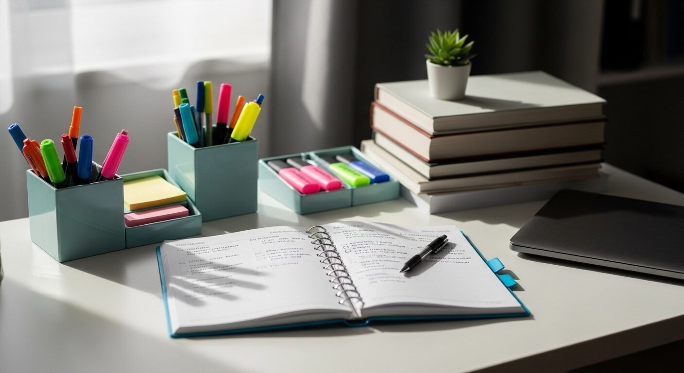 Bàn học ngăn nắp với sổ kế hoạch và sách vở, minh họa môi trường lý tưởng là cách giúp con học giỏi hiệu quả.