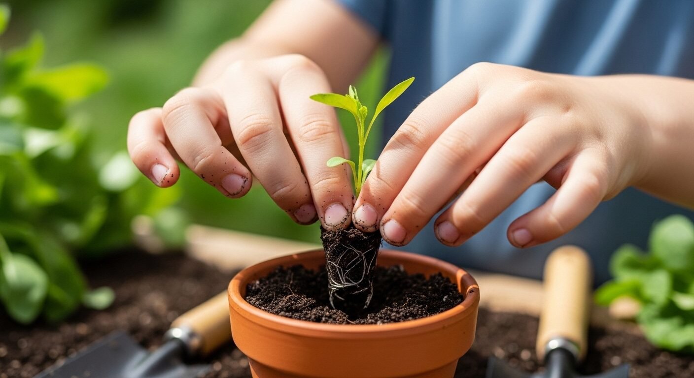 Đôi tay trẻ thơ nhẹ nhàng trồng cây con vào chậu, một hoạt động ý nghĩa giúp con học giỏi và phát triển tình yêu thiên nhiên. Đôi tay trẻ thơ nhẹ nhàng trồng cây con vào chậu, một hoạt động ý nghĩa giúp con học giỏi và phát triển tình yêu thiên nhiên.