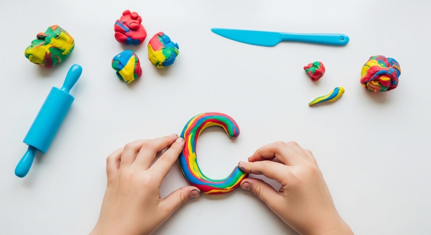 Bàn tay bé đang nặn chữ C bằng đất sét nhiều màu trên nền trắng, minh họa cách dạy con học chữ chuẩn bị vào lớp 1 sáng tạo và hiệu quả.