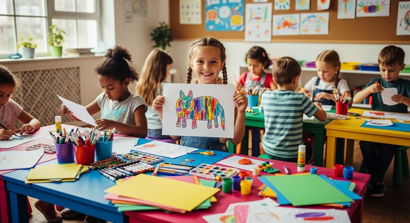 Trẻ em vui vẻ vẽ tranh trong lớp học sáng sủa, một bé tự hào khoe tác phẩm. Hình ảnh này cho thấy môi trường học tập tích cực là chìa khóa làm sao để bé không sợ đi học.