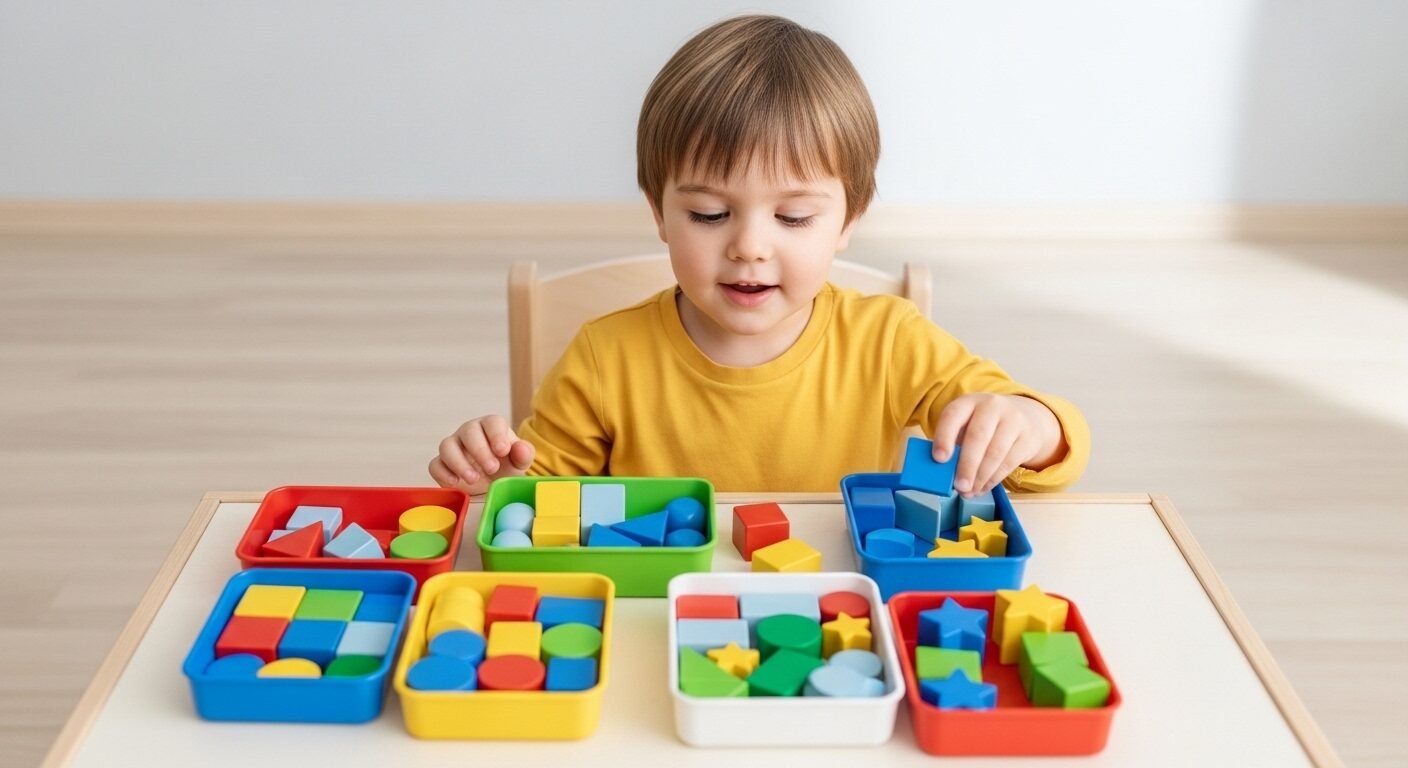 Bé 3 tuổi chăm chú phân loại đồ chơi khối màu và hình dạng. Hoạt động này giúp rèn luyện sự tập trung và tuân thủ, là một phần của cách dạy trẻ 3 tuổi không nghe lời để khuyến khích hành vi tích cực. Bé 3 tuổi chăm chú phân loại đồ chơi khối màu và hình dạng. Hoạt động này giúp rèn luyện sự tập trung và tuân thủ, là một phần của cách dạy trẻ 3 tuổi không nghe lời để khuyến khích hành vi tích cực.