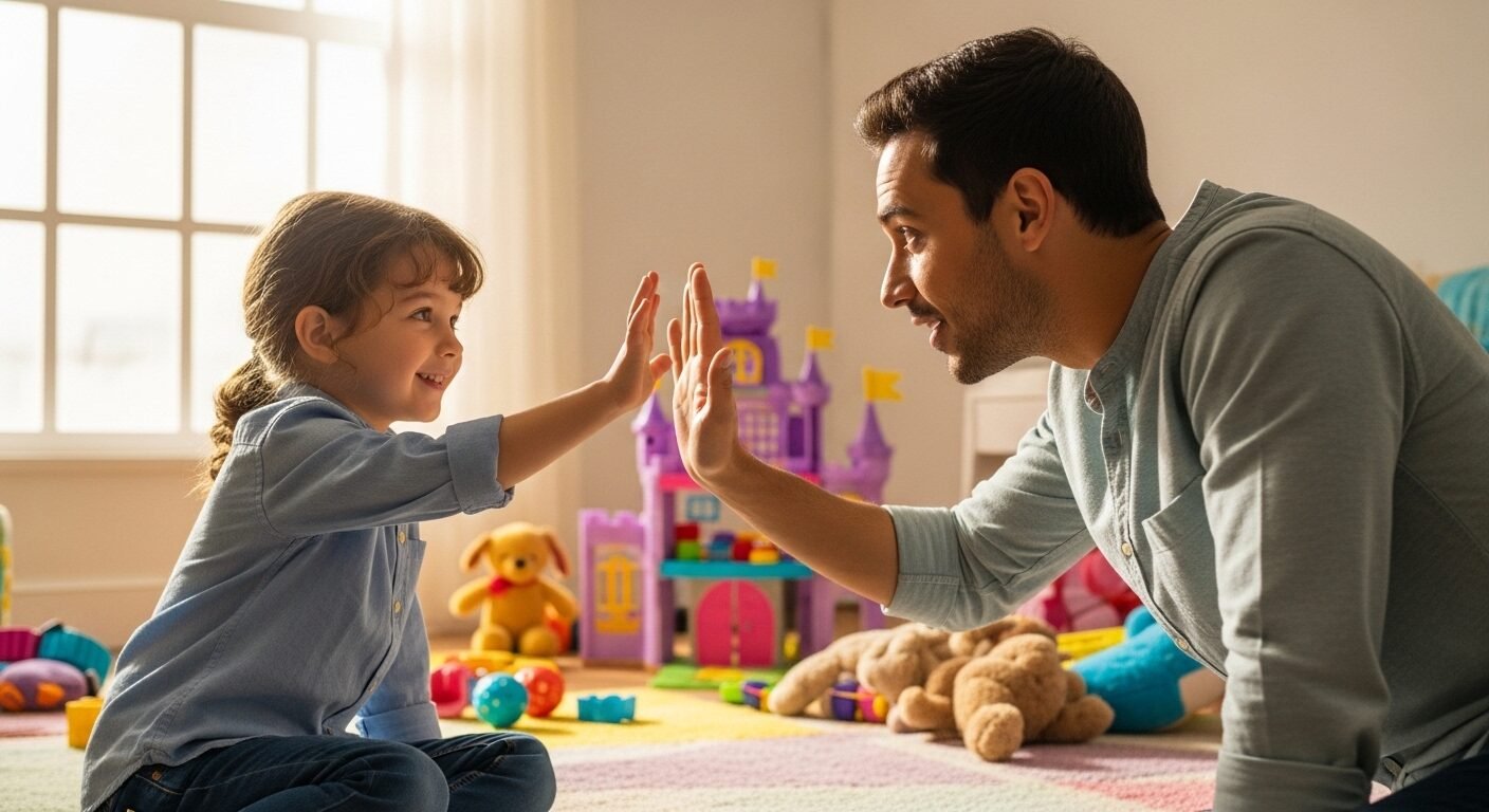 Cha mẹ làm mẫu chào hỏi người lớn tại công viên, con trẻ quan sát, minh họa cách dạy trẻ kỹ năng chào hỏi lễ phép hiệu quả.