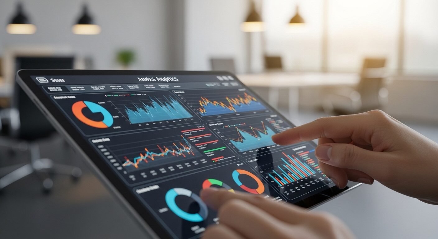 Giám đốc thương hiệu phân tích dữ liệu trên màn hình máy tính bảng hiển thị bảng điều khiển kinh doanh, biểu đồ xu hướng thị trường trong văn phòng hiện đại.