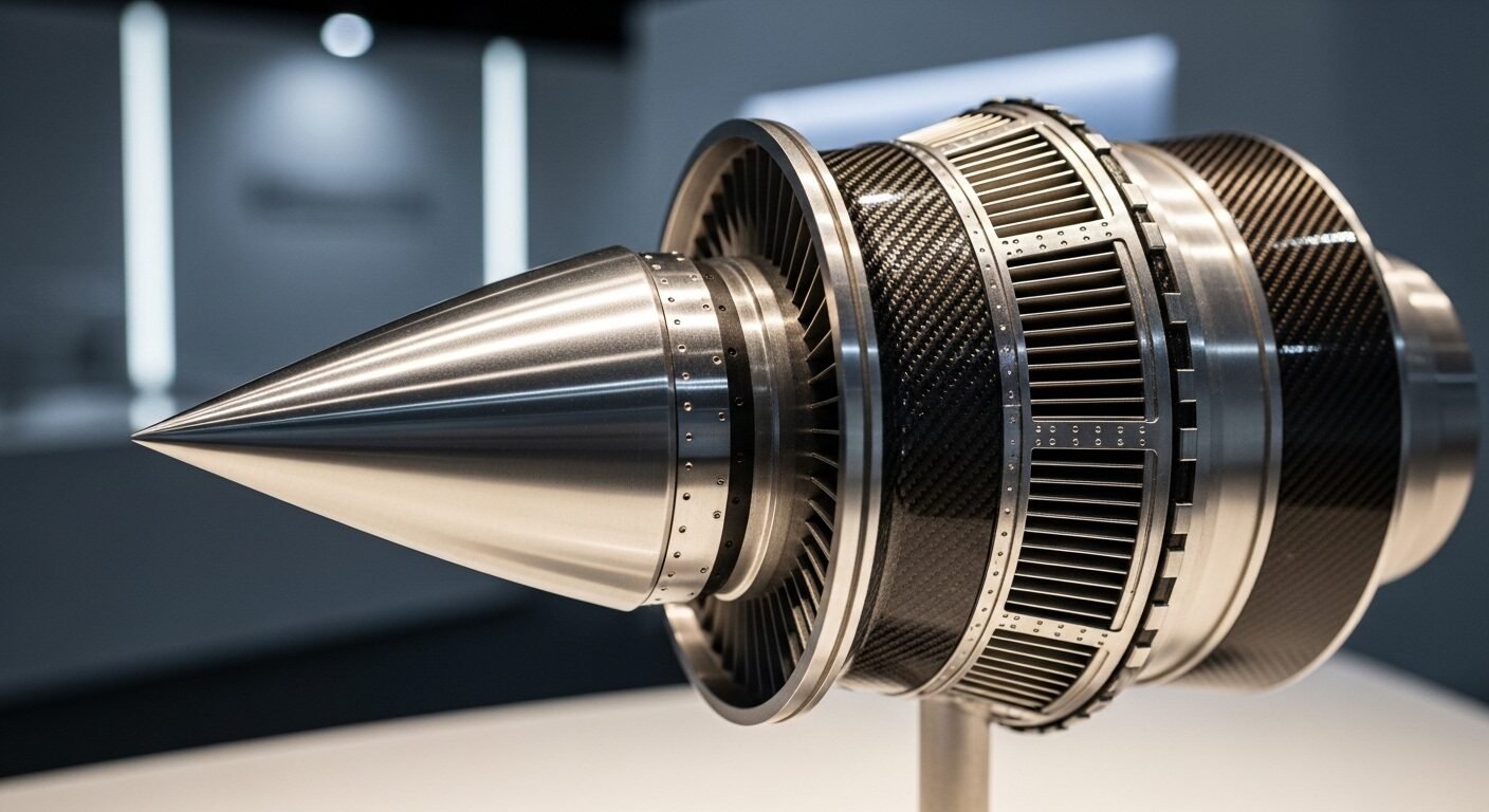 Mô hình chi tiết kỹ thuật cao của động cơ phản lực hiện đại, trưng bày tỉ mỉ trong không gian tối giản, minh chứng cho các ngành học lương cao đòi hỏi kỹ thuật chính xác.