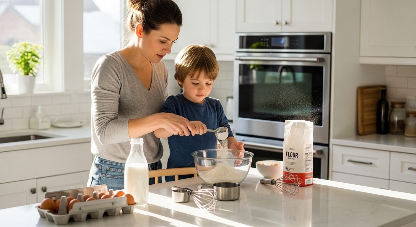 Bố mẹ và con cùng đong bột làm bánh trong bếp hiện đại dưới ánh nắng, minh họa cách dạy con học giỏi qua trải nghiệm thực tế và sự hợp tác. Bố mẹ và con cùng đong bột làm bánh trong bếp hiện đại dưới ánh nắng, minh họa cách dạy con học giỏi qua trải nghiệm thực tế và sự hợp tác.