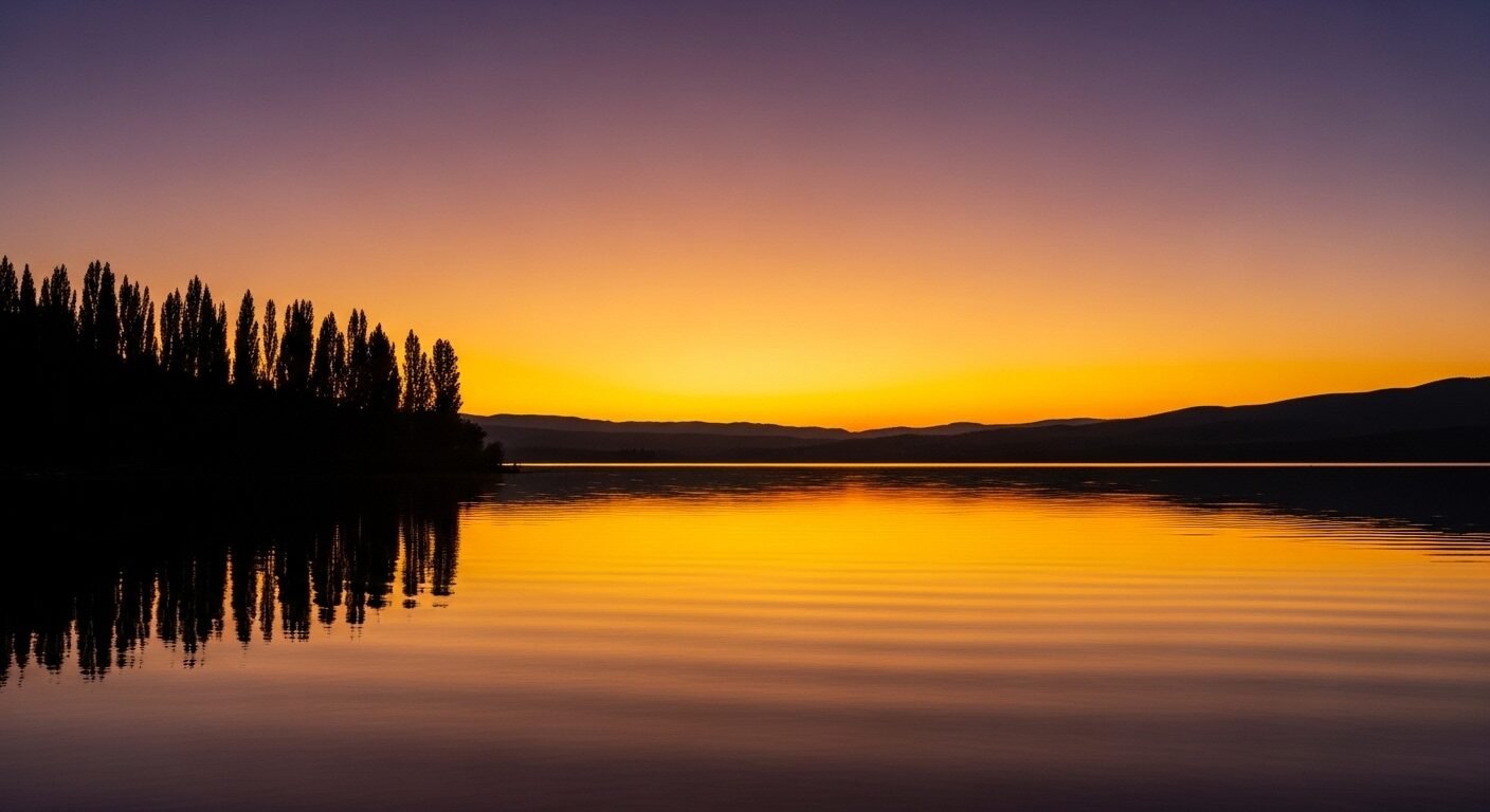 Hoàng hôn ngoạn mục trên hồ yên bình, với sắc vàng, cam, tím rực rỡ phản chiếu hoàn hảo. Các thành phần biệt lập như hàng cây và đồi núi in bóng, tạo nên vẻ đẹp tĩnh lặng được miêu tả chi tiết trong tiếng Việt.