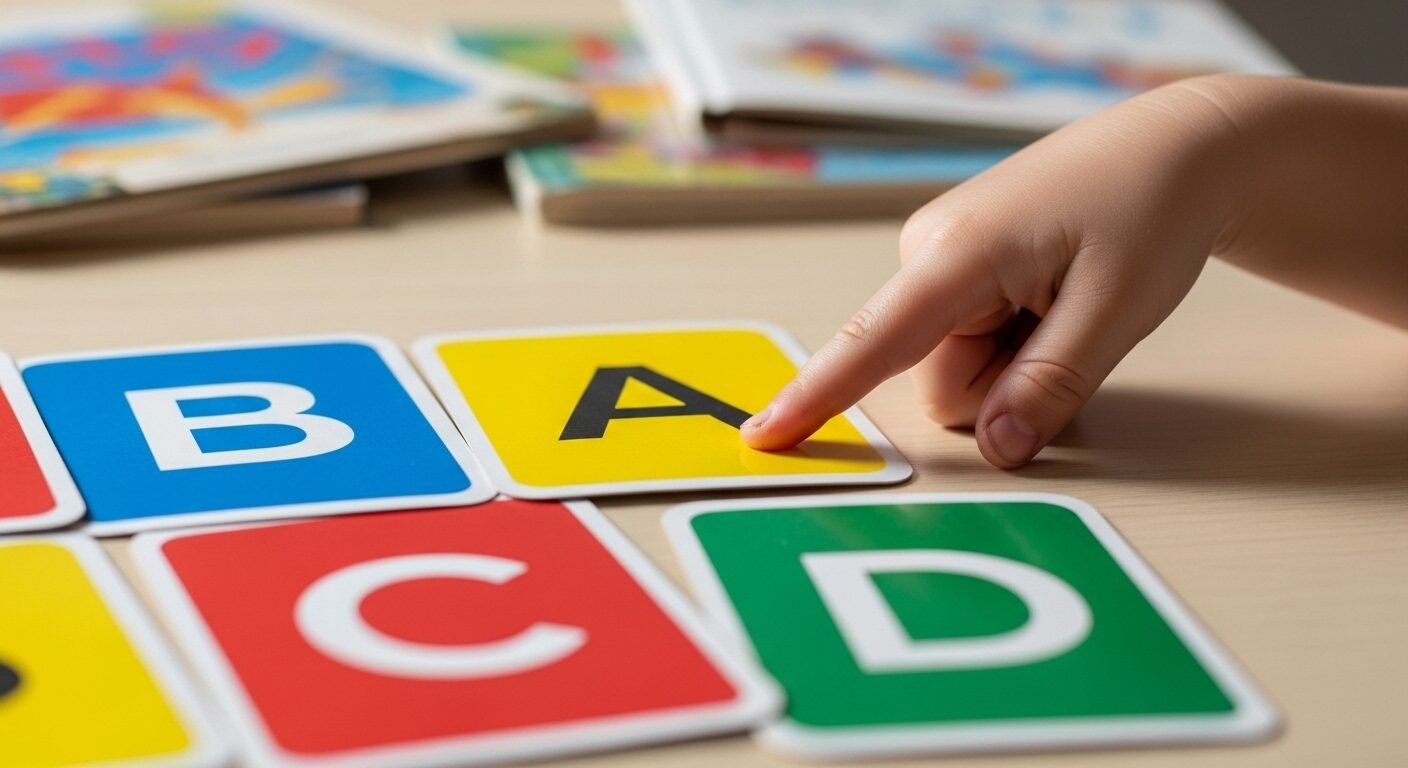 Cận cảnh bộ thẻ học chữ cái nhiều màu sắc trên bàn gỗ, tay trẻ nhỏ đang chỉ vào. Minh họa cách dạy trẻ lớp 1 đánh vần hiệu quả bằng flashcard.