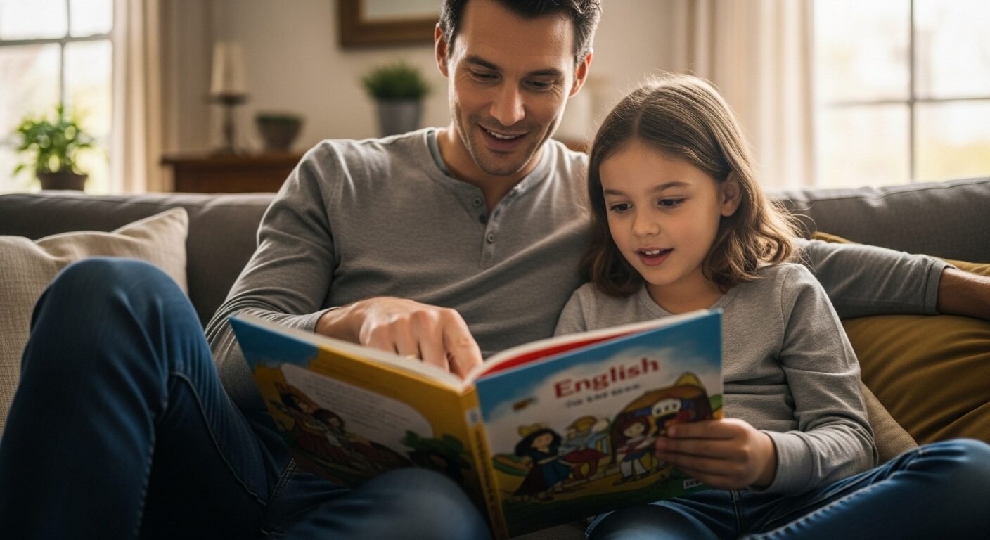 Cha mẹ và bé 6 tuổi ấm cúng đọc sách truyện tiếng Anh minh họa trên ghế sofa phòng khách. Đây là cách dạy trẻ học tiếng Anh hiệu quả, tạo hứng thú và gắn kết qua việc đọc chung.