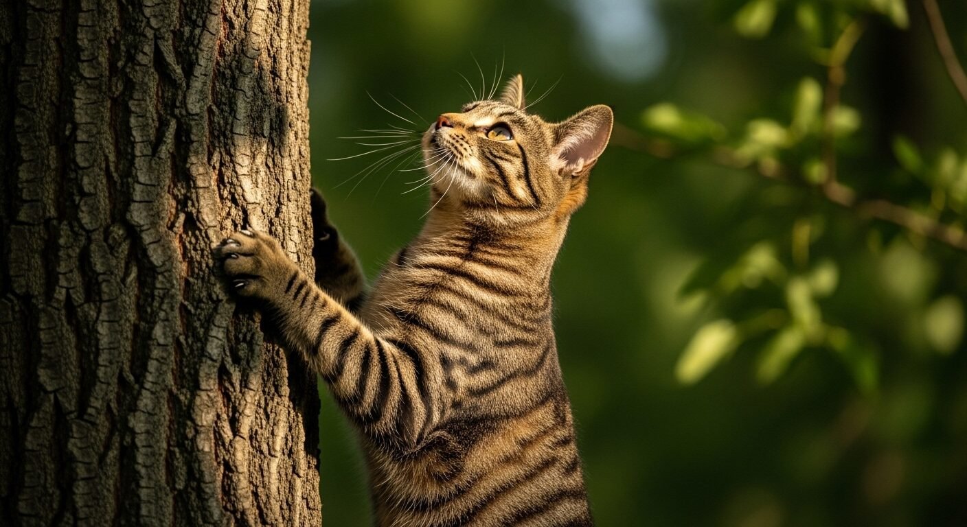 Mèo vằn sọc đang cẩn thận leo thân cây sần sùi dưới nắng, minh họa thực tế cho thì hiện tại tiếp diễn.