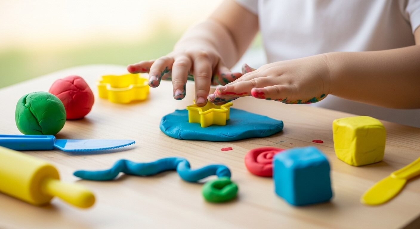 Tay bé 2 tuổi đang vui vẻ nặn đất sét nhiều màu sắc trên bàn. Hoạt động sáng tạo này là một cách giúp con ham học 1-3 tuổi hiệu quả.