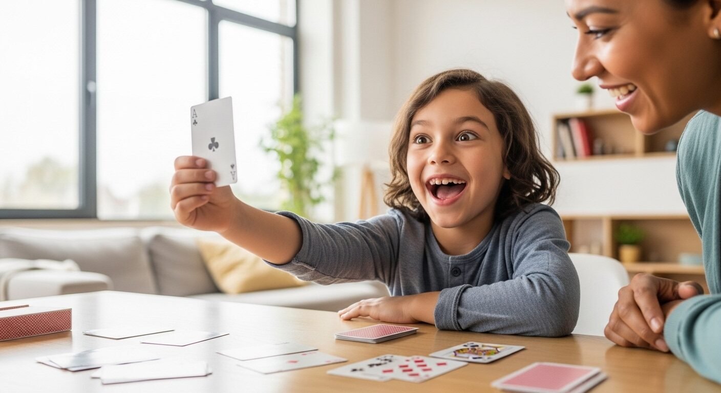 Bé rạng rỡ giơ cao lá bài thắng, niềm vui chiến thắng tự lực trước cha mẹ mỉm cười. Khoảnh khắc này minh chứng vì sao không nên nhường con để bé phát triển sự tự tin.