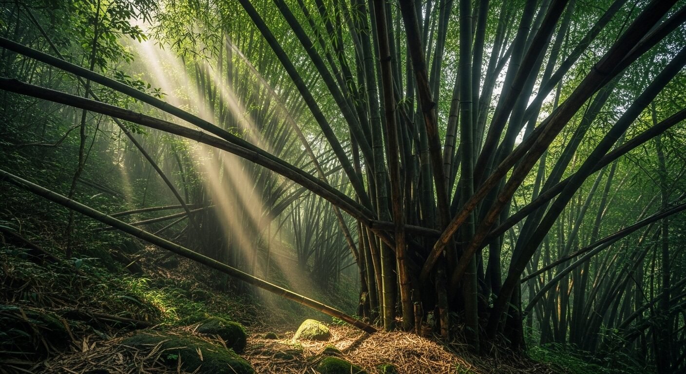 Rừng tre cổ thụ xanh mướt, sương mù bao phủ núi non, biểu tượng cho sức sống kiên cường của Việt Nam và tinh thần bất khuất như trong tiểu sử Đại tướng Võ Nguyên Giáp.