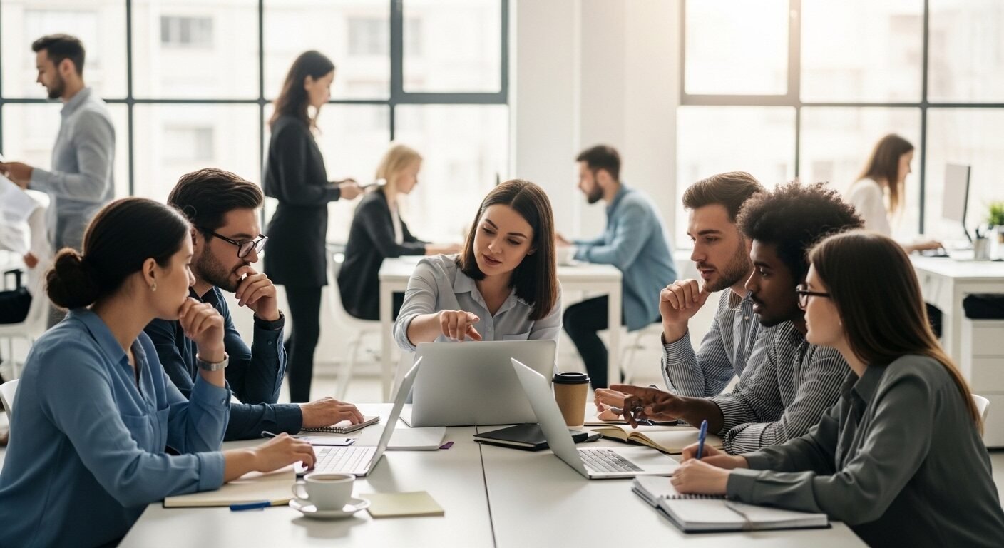 Nhóm chuyên gia trẻ thảo luận hợp tác trong văn phòng mở năng động, hình ảnh lý tưởng cho các chương trình tuyển dụng thực tập sinh.