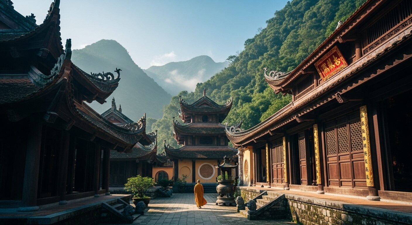 Chùa cổ Việt Nam với kiến trúc thời Trần uy nghi giữa núi rừng xanh mướt, có mái cong truyền thống và sư thầy đi trên lối đá.