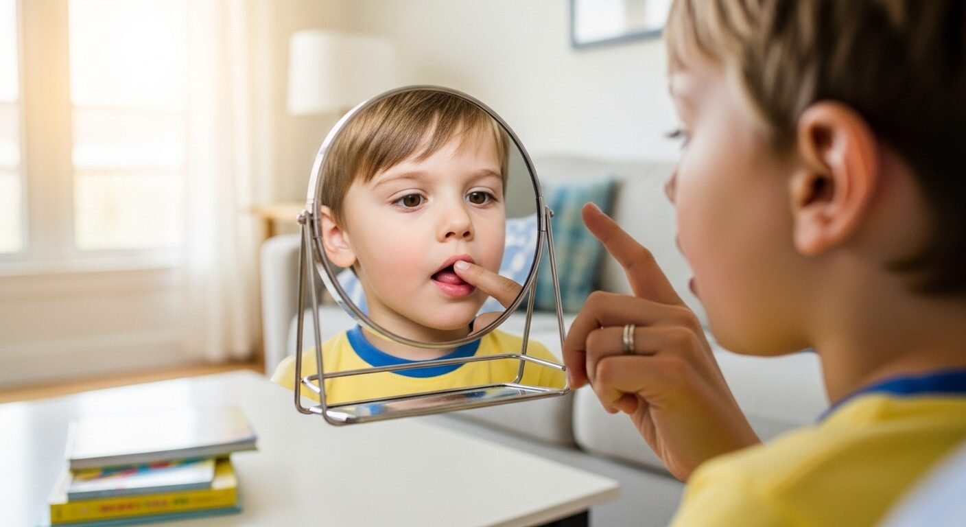 Trẻ mầm non quan sát miệng trong gương, được cha mẹ hướng dẫn cách phát âm đúng, giúp khắc phục các lỗi phát âm thường gặp ở trẻ mầm non.