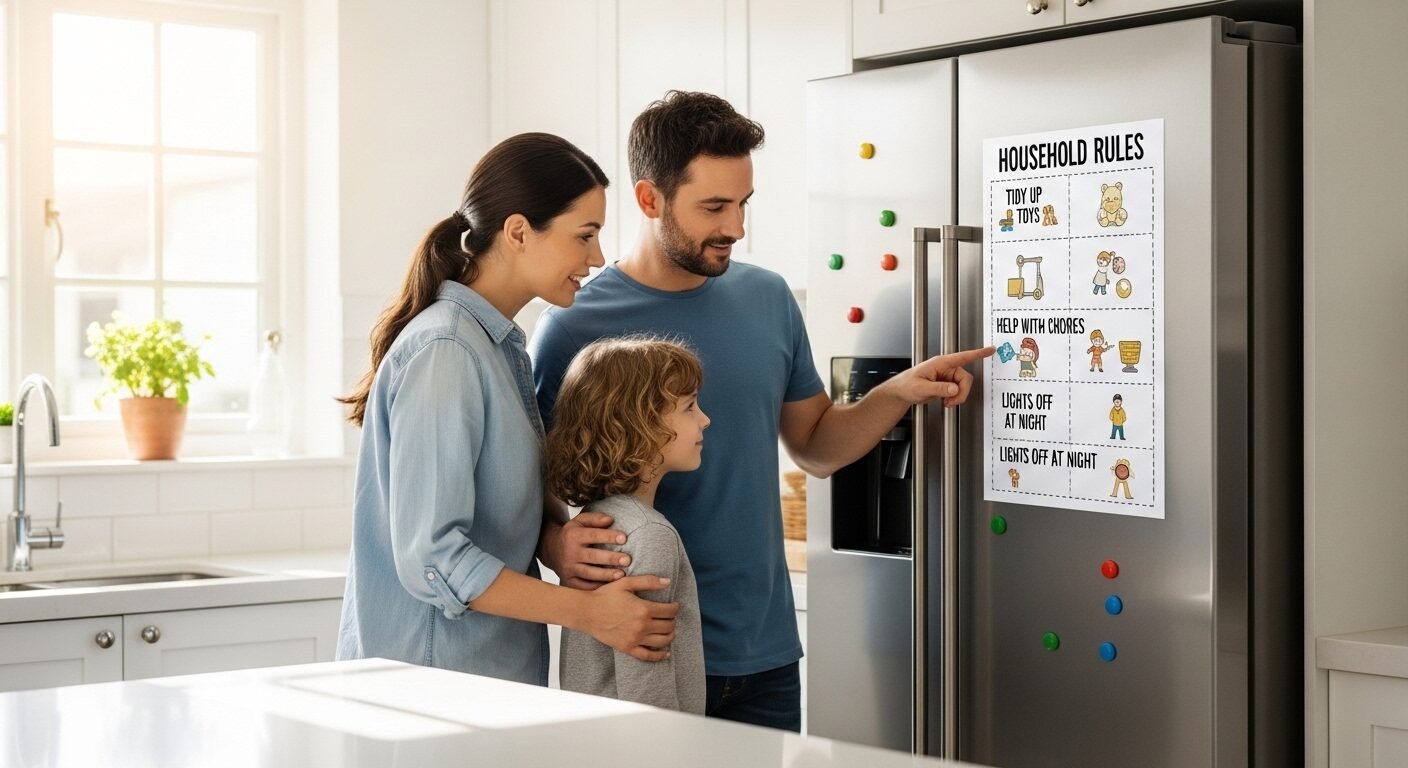 Gia đình ba người xem bảng quy tắc nhà rõ ràng trên tủ lạnh, thể hiện cách dạy con ngoan ngoãn biết nghe lời qua hướng dẫn nhất quán trong bếp sạch sẽ. Gia đình ba người xem bảng quy tắc nhà rõ ràng trên tủ lạnh, thể hiện cách dạy con ngoan ngoãn biết nghe lời qua hướng dẫn nhất quán trong bếp sạch sẽ.