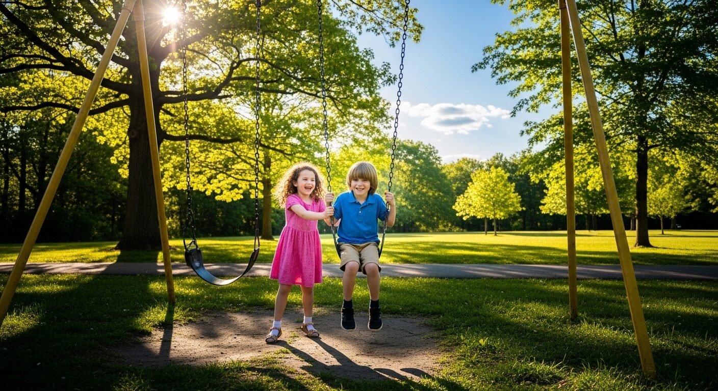 Hai đứa trẻ chơi đùa vui vẻ trong công viên dưới ánh nắng tự nhiên ban ngày. Hoạt động ngoài trời giúp hạn chế tác hại ánh sáng xanh cho trẻ từ màn hình.