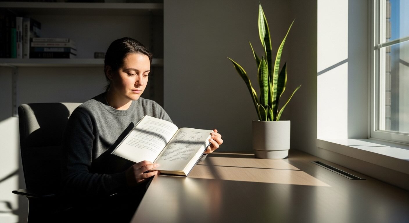 Một người ngồi trong phòng làm việc tối giản, ngập nắng, cầm nhật ký, bên cạnh sách và cây xanh, đang suy ngẫm để chọn nghề gì phù hợp với bản thân.