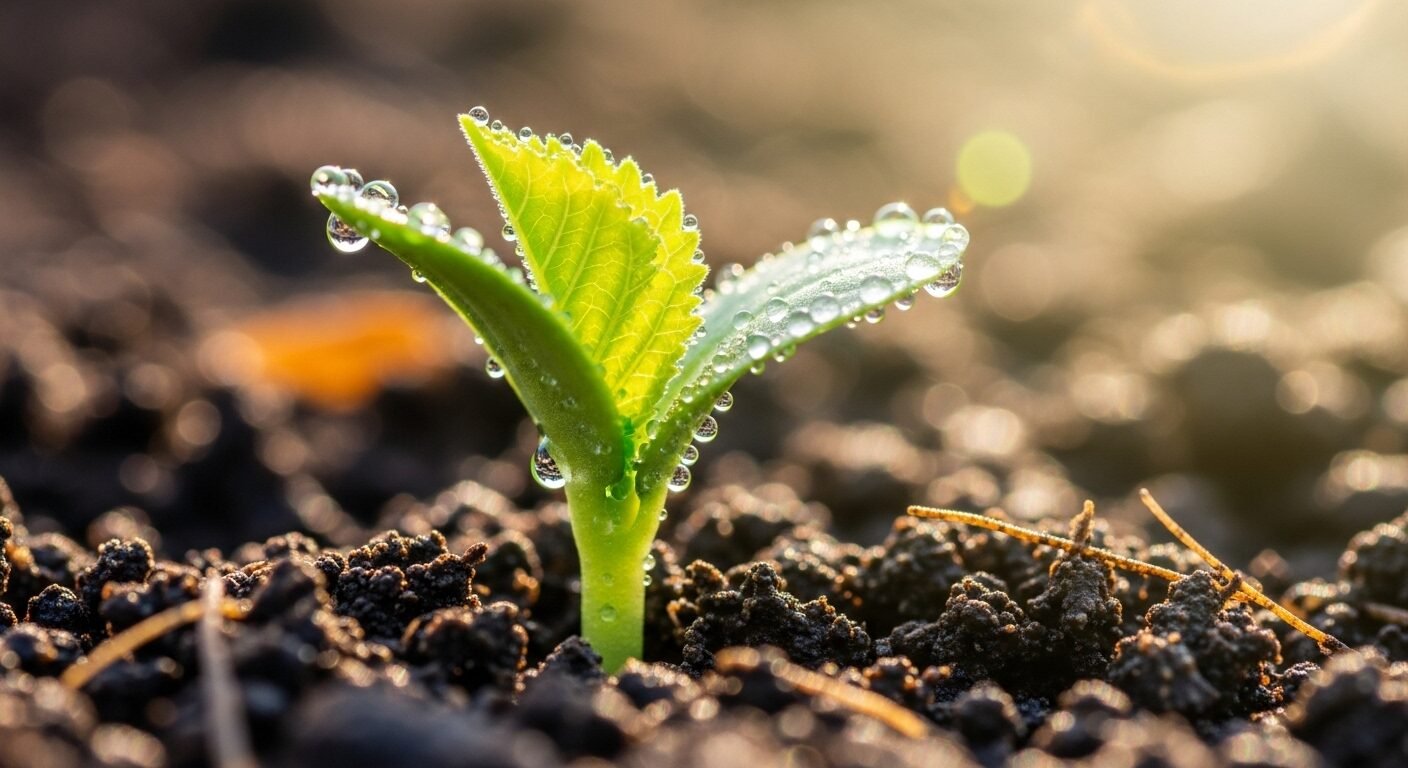 Cận cảnh cây mầm xanh non nảy mầm từ đất ẩm, giọt sương lấp lánh dưới nắng ấm, tượng trưng cho sự phát triển tiềm năng. Hình ảnh lý tưởng cho dịch vụ tư vấn hướng nghiệp.